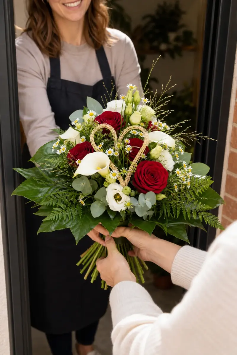 Ich mag Dich wird an der Haustuer direkt mit sichtbaren Stielen uebergeben - Blumenstrauß von Blumen Mankopf in Hagen