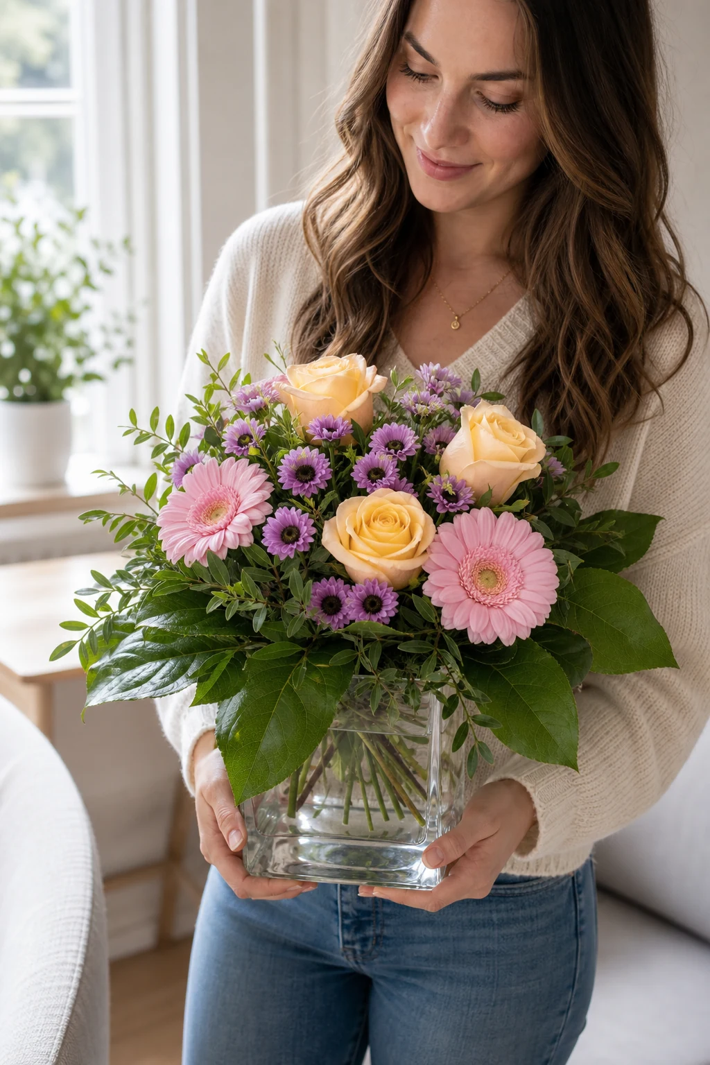 Liebe Grüße 8 Empfaengerin haelt Liebe Gruesse in klarer Glasvase mit gelben Rosen rosa Gerbera violetten Blueten und Gruen zuhause