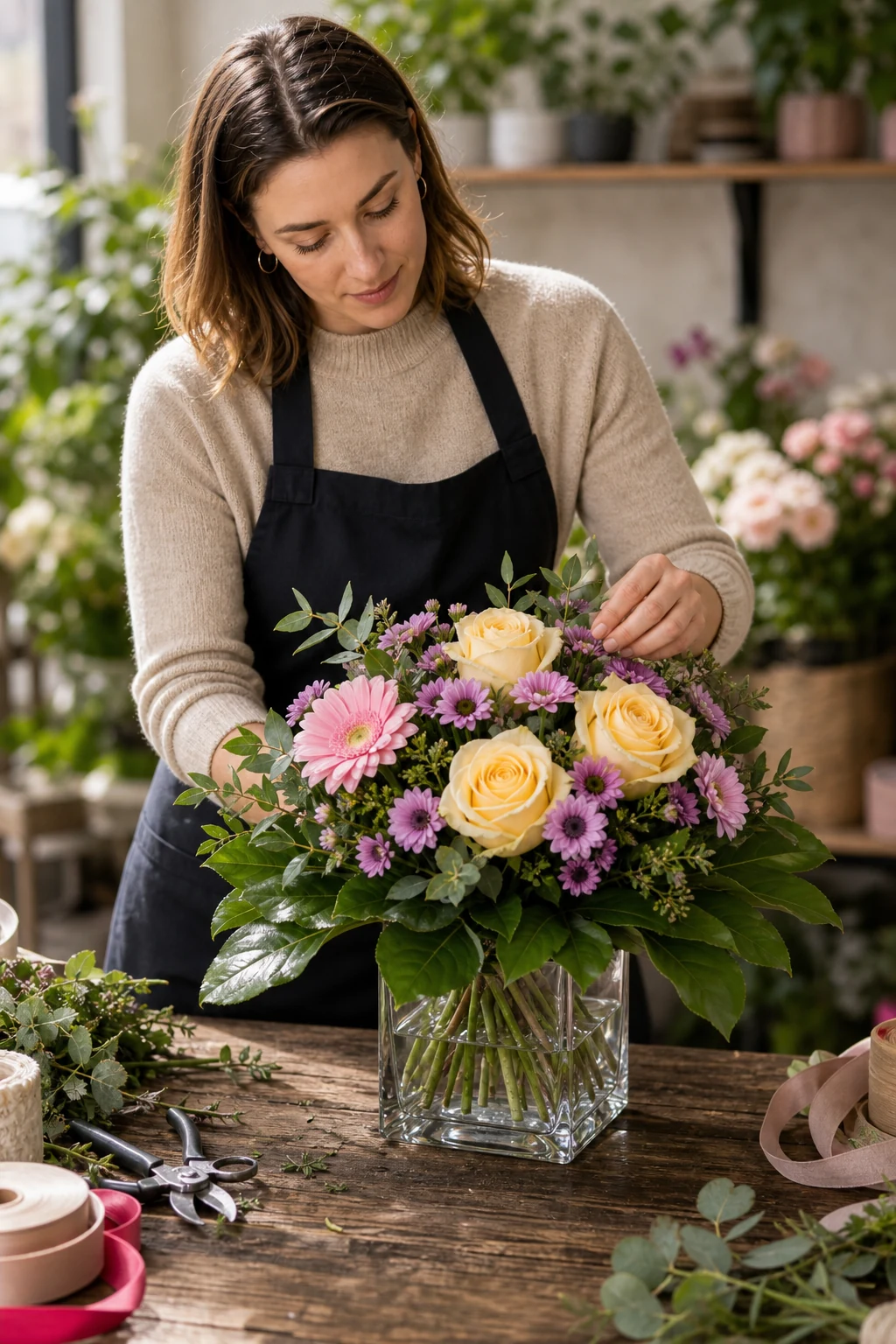 Liebe Grüße 5 Floristin arrangiert Liebe Gruesse mit gelben Rosen rosa Gerbera violetten Blueten und Gruen in einer klaren Glasvase