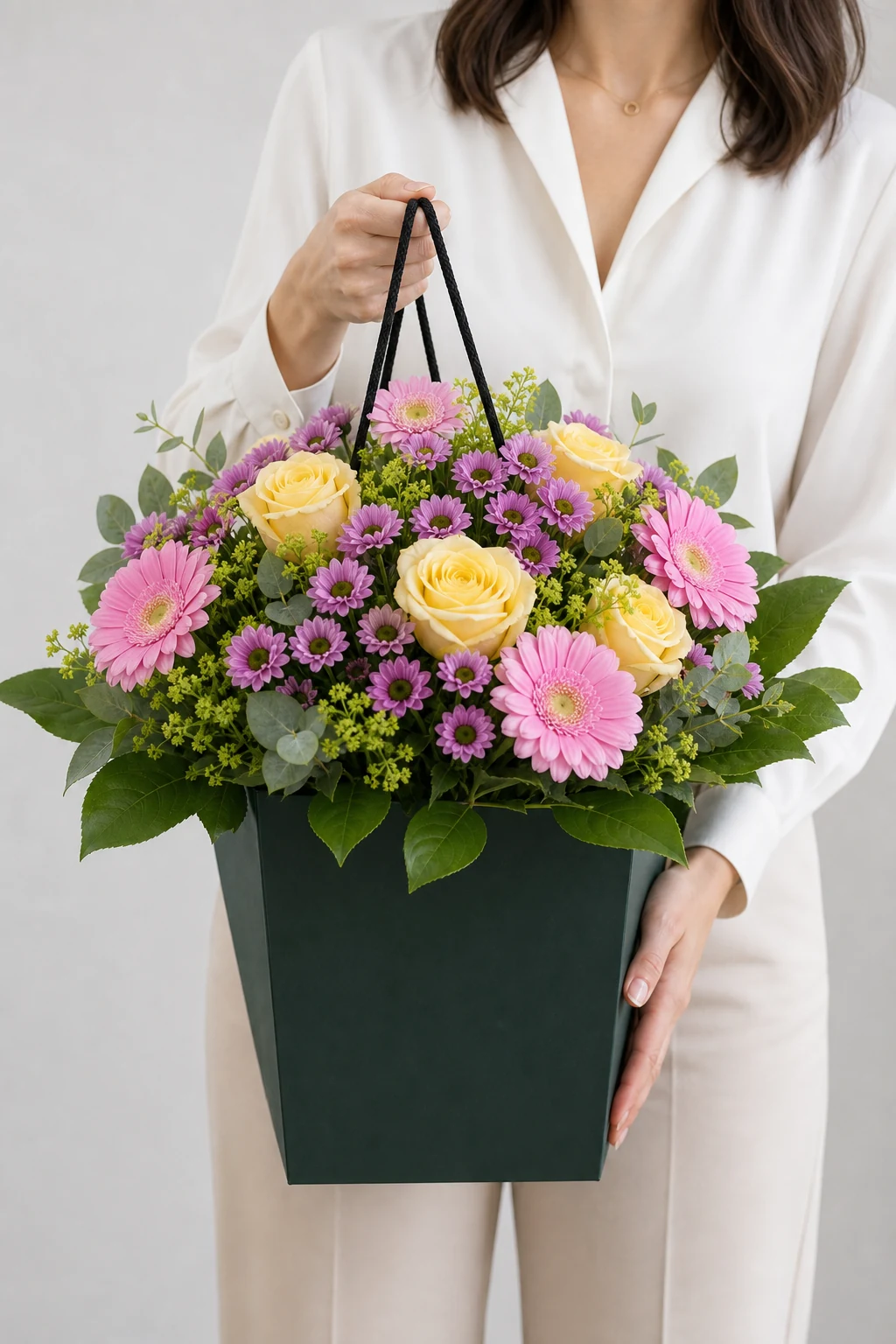 Liebe Grüße 6 Liebe Gruesse mit gelben Rosen rosa Gerbera violetten Blueten und Gruen wird im dunklen Flowerbag gehalten