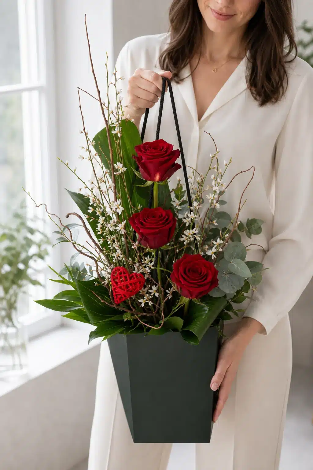 Liebesgruss 6 Liebesgruss mit drei roten Rosen weissem Ginster Eukalyptus Aspidistra Cornus Zweigen und rotem Herzstecker im dunkelgruenen Flowerbag