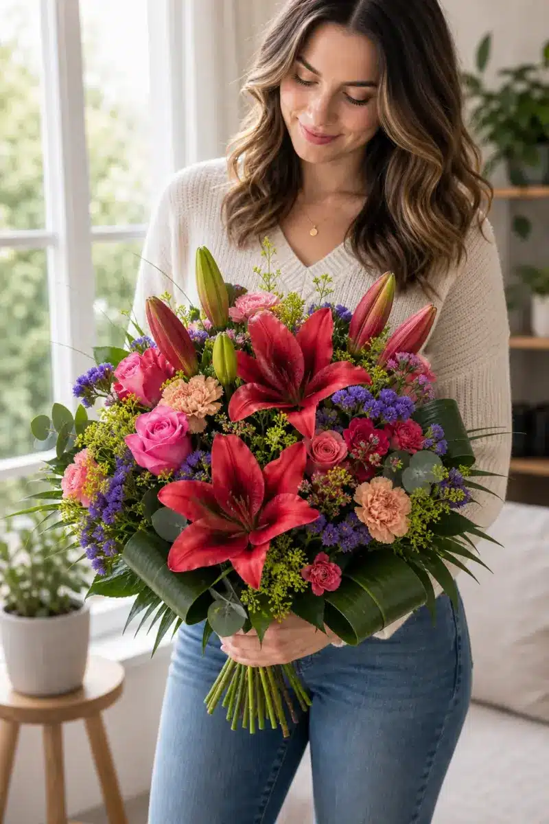 Empfaengerin haelt Lilientraum mit roten Lilien rosa Rosen und Statice zuhause