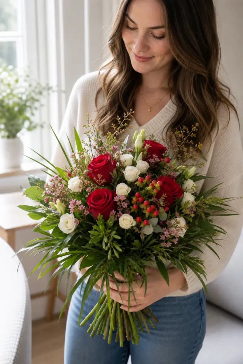 Empfaengerin haelt Maerchenhaft mit roten Rosen weissen Blueten roten Beeren und frischem Gruen zuhause