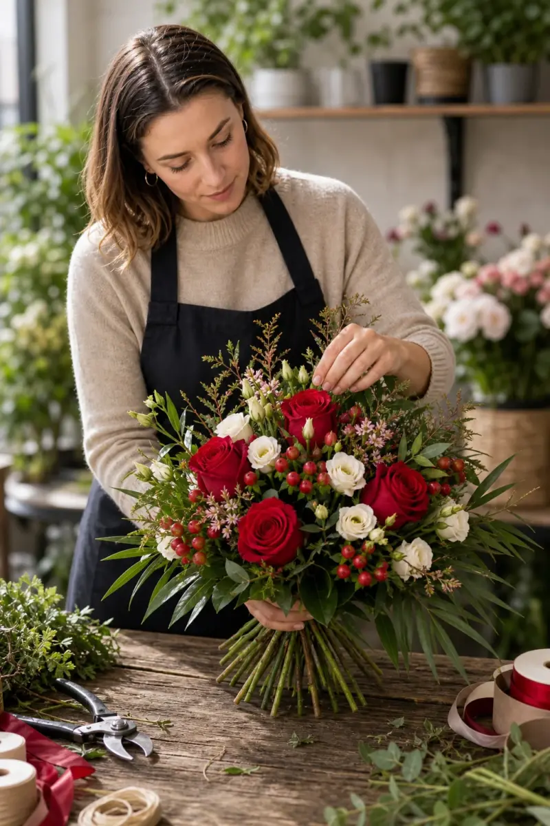 Floristin bindet Maerchenhaft mit roten Rosen weissen Blueten roten Beeren und frischem Gruen