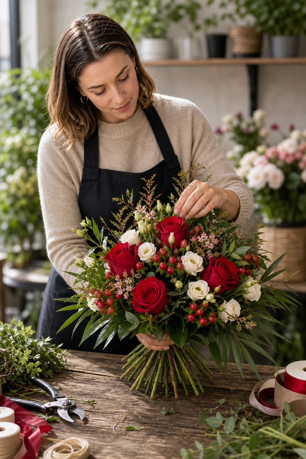 Märchenhaft 4 Floristin bindet Maerchenhaft mit roten Rosen weissen Blueten roten Beeren und frischem Gruen