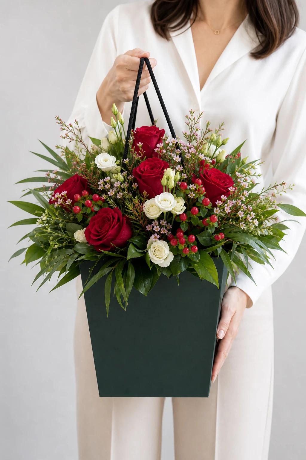 Märchenhaft 5 Maerchenhaft mit roten Rosen weissen Blueten roten Beeren und Gruen wird im dunklen Flowerbag gehalten