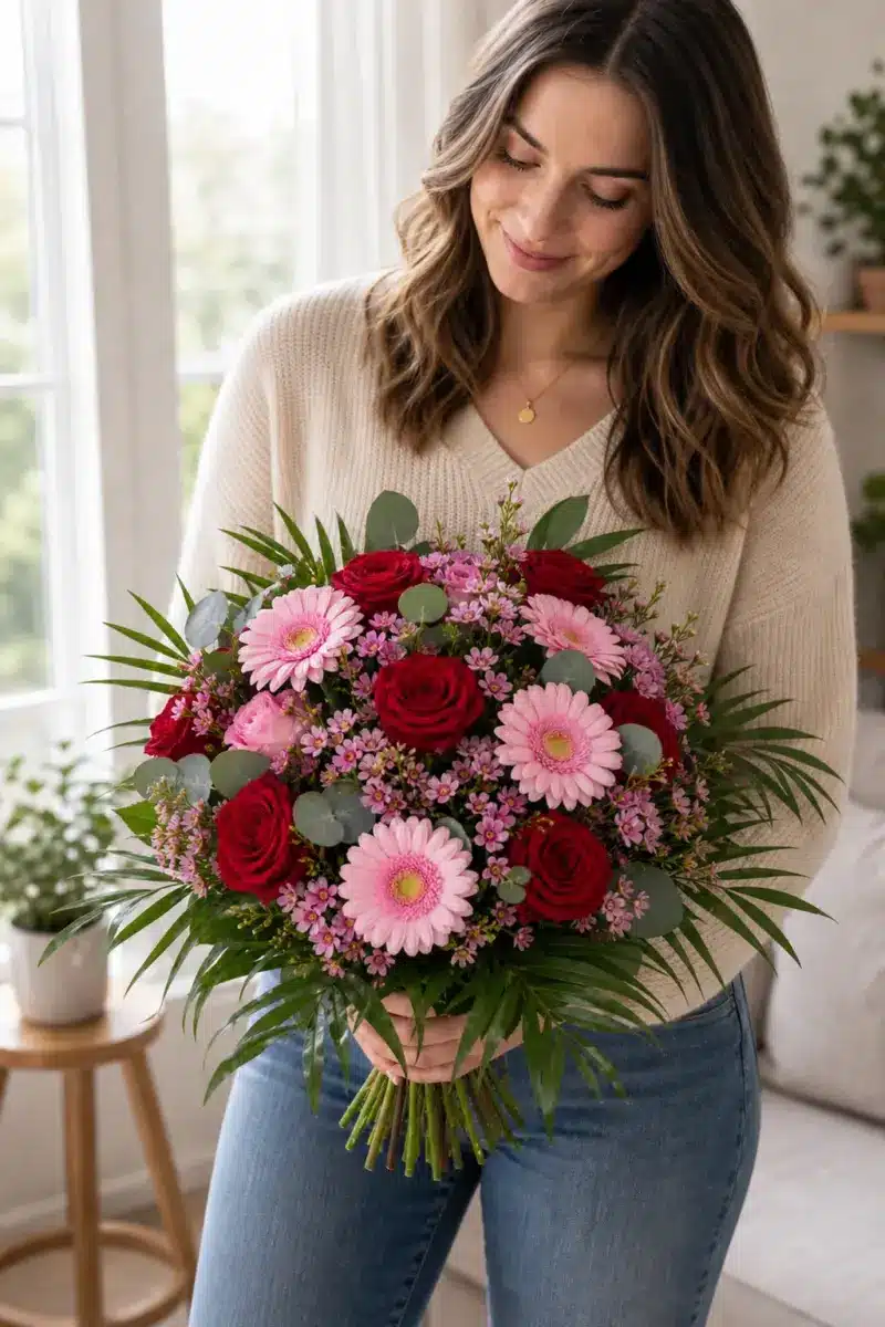 Empfaengerin haelt Merci cherie mit roten Rosen rosa Germini und Waxflowers zuhause - Blumenstrauß von Blumen Mankopf in Hagen