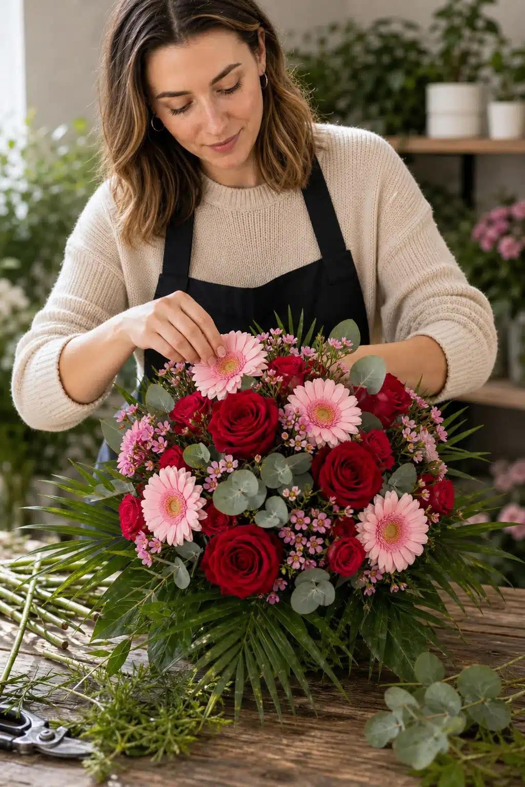Merci cherie 5 Floristin bereitet Merci cherie mit roten Rosen rosa Germini Waxflowers Eukalyptus und Chico-Gruen vor - Blumenstrauß von Blumen Mankopf in Hagen