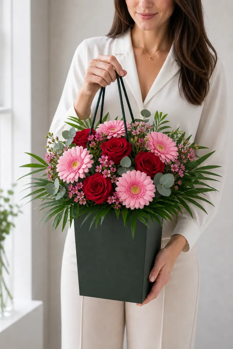 Merci cherie mit roten Rosen rosa Germini Waxflowers Eukalyptus und Chico-Gruen im dunkelgruenen Flowerbag - Blumenstrauß von Blumen Mankopf in Hagen