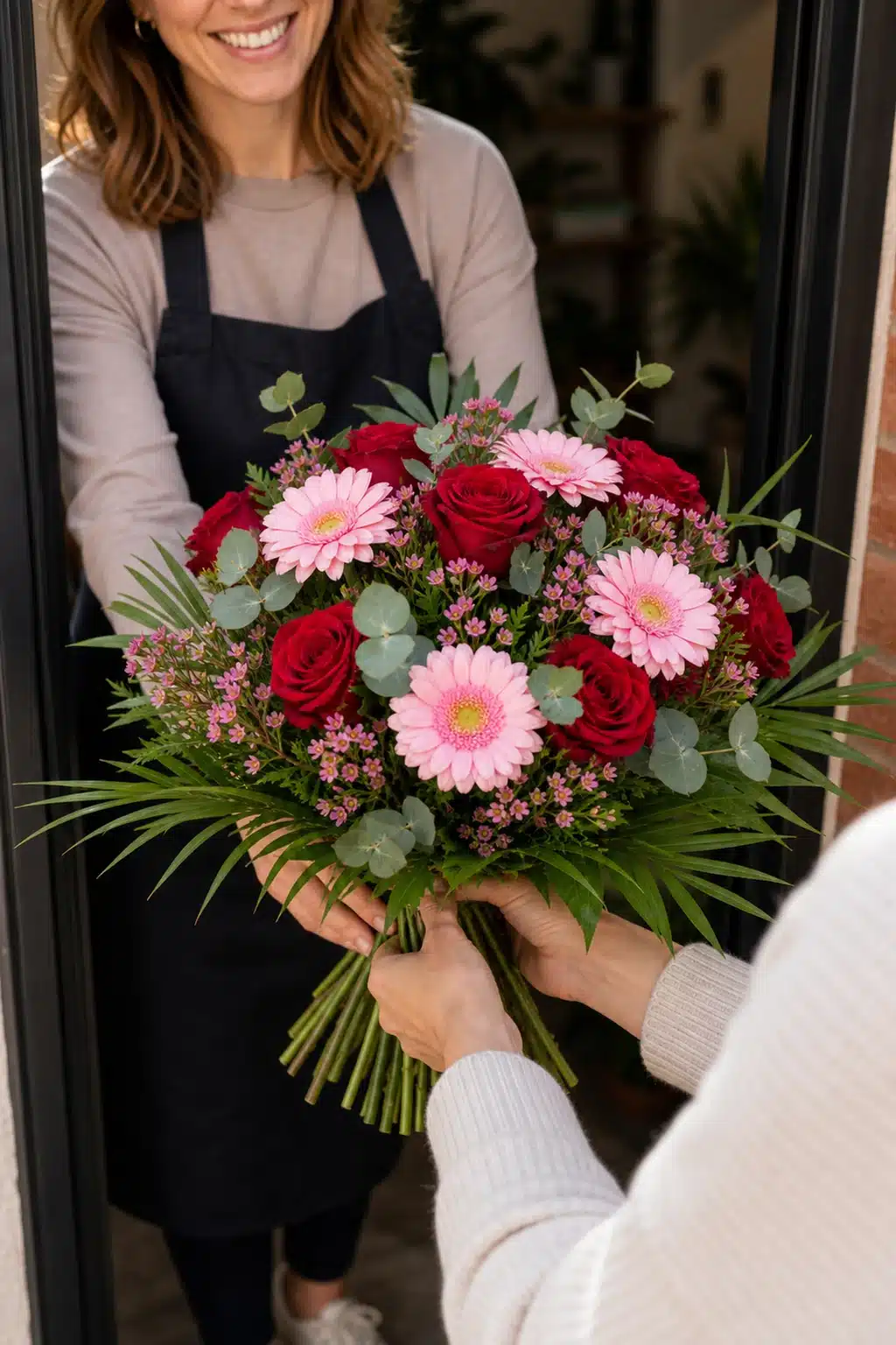 Merci cherie 7 Merci cherie wird an der Haustuer direkt mit sichtbaren Stielen uebergeben - Blumenstrauß von Blumen Mankopf in Hagen