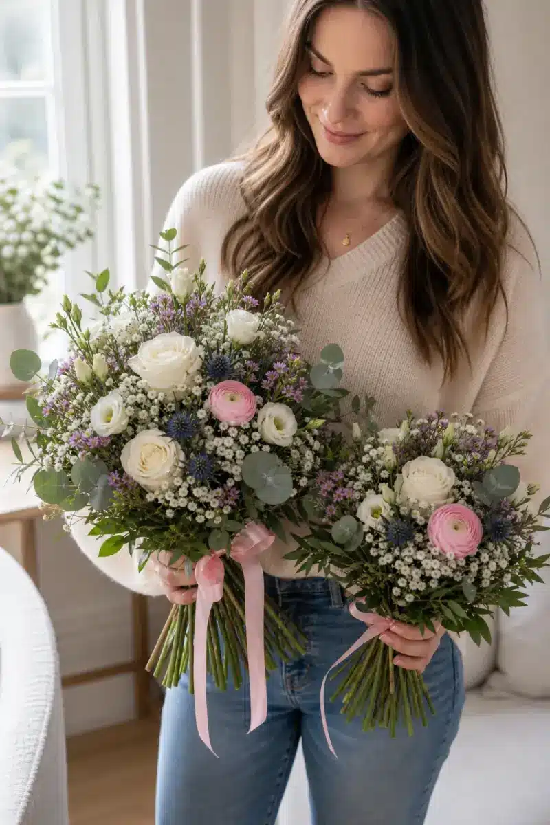 Empfaengerin haelt den grossen und kleinen Mutter Kind Strauss fuer ein Maedchen zuhause - Blumenstrauß von Blumen Mankopf in Hagen