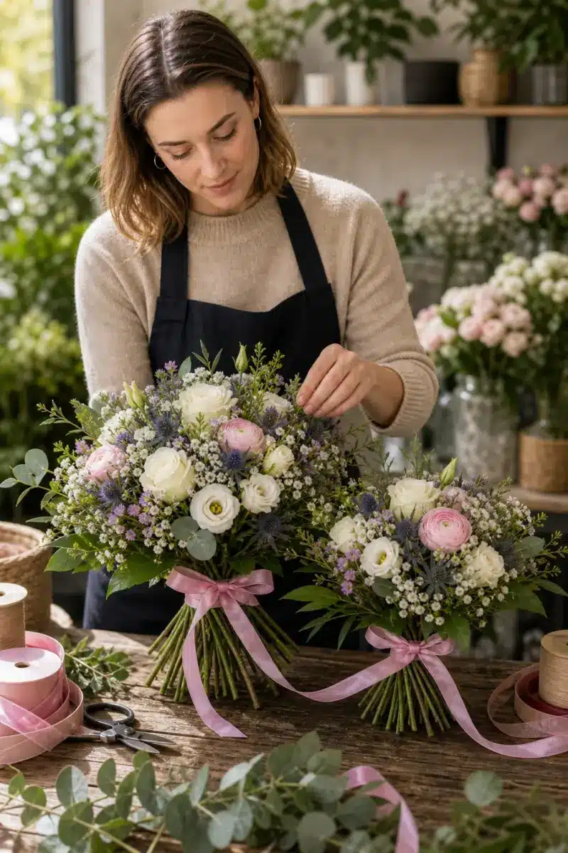 Floristin bindet einen grossen und kleinen Mutter Kind Strauss fuer ein Maedchen mit weissen Blueten rosa Akzenten und frischem Gruen - Blumenstrauß von Blumen Mankopf in Hagen
