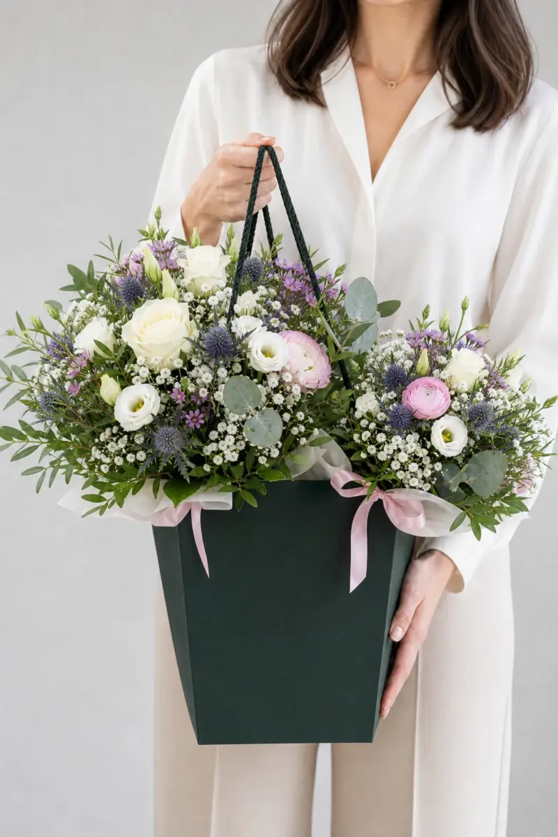 Mutter Kind Strauss fuer ein Maedchen mit zwei Straeussen und rosa Band wird im dunklen Flowerbag gehalten - Blumenstrauß von Blumen Mankopf in Hagen