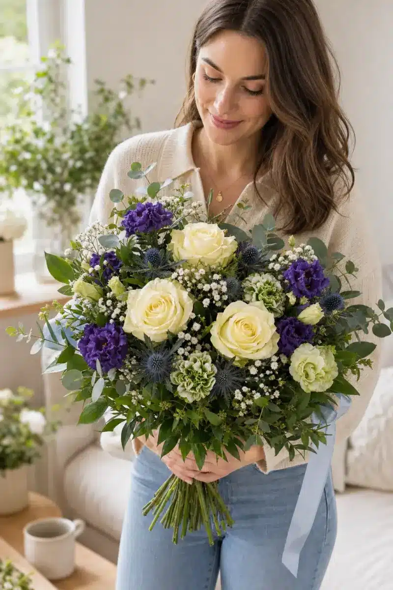 Empfaengerin haelt Mutter-Kind-Strauss Junge mit hellen Rosen zuhause - Blumenstrauß von Blumen Mankopf in Hagen
