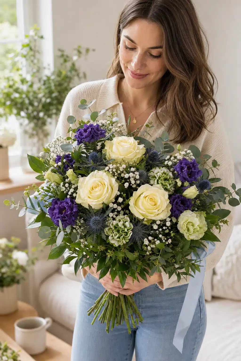 Mutter-Kind-Strauß (Junge) 8 Empfaengerin haelt Mutter-Kind-Strauss Junge mit hellen Rosen zuhause - Blumenstrauß von Blumen Mankopf in Hagen