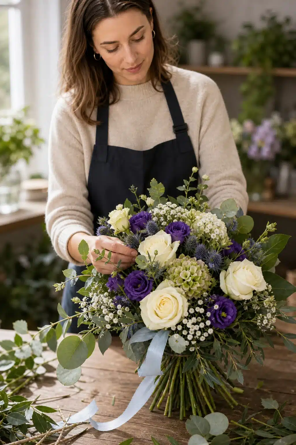 Mutter-Kind-Strauß (Junge) 5 Floristin bereitet Mutter-Kind-Strauss Junge mit hellen Rosen und violett blauen Akzenten vor - Blumenstrauß von Blumen Mankopf in Hagen