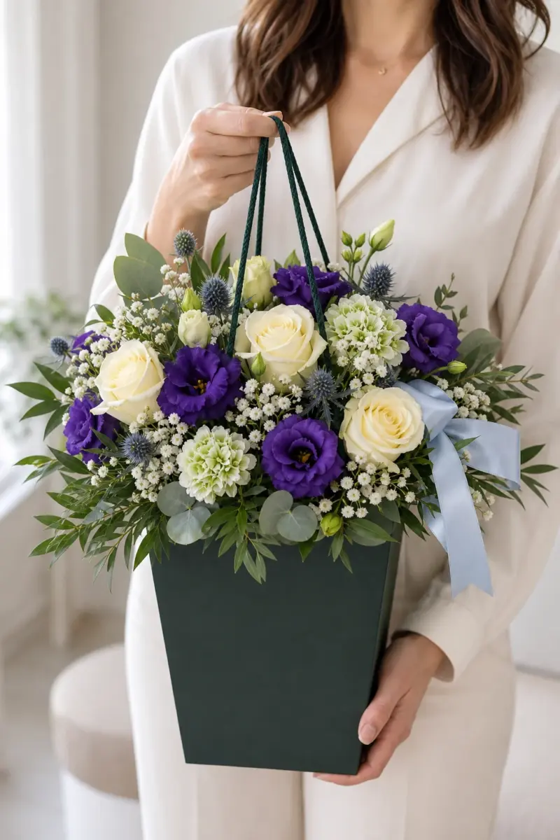 Mutter-Kind-Strauss Junge mit hellen Rosen im dunkelgruenen Flowerbag - Blumenstrauß von Blumen Mankopf in Hagen
