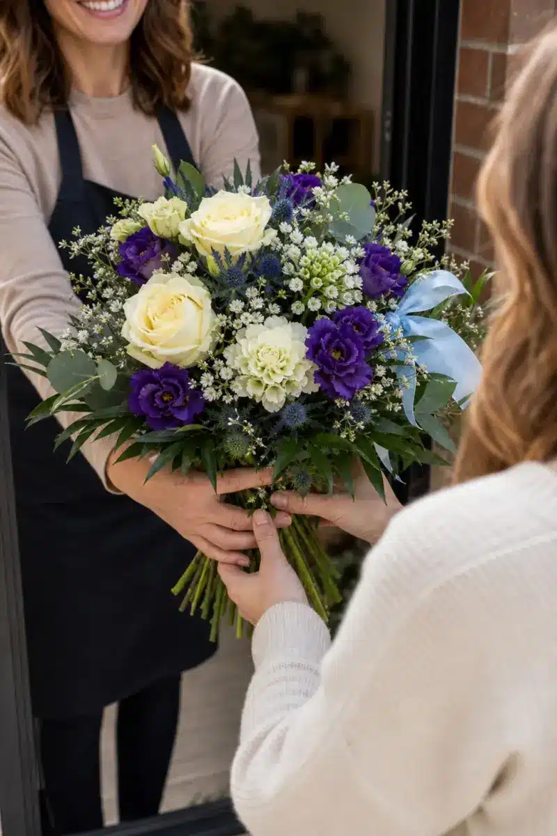 Mutter-Kind-Strauss Junge wird an der Haustuer direkt mit sichtbaren Stielen uebergeben - Blumenstrauß von Blumen Mankopf in Hagen