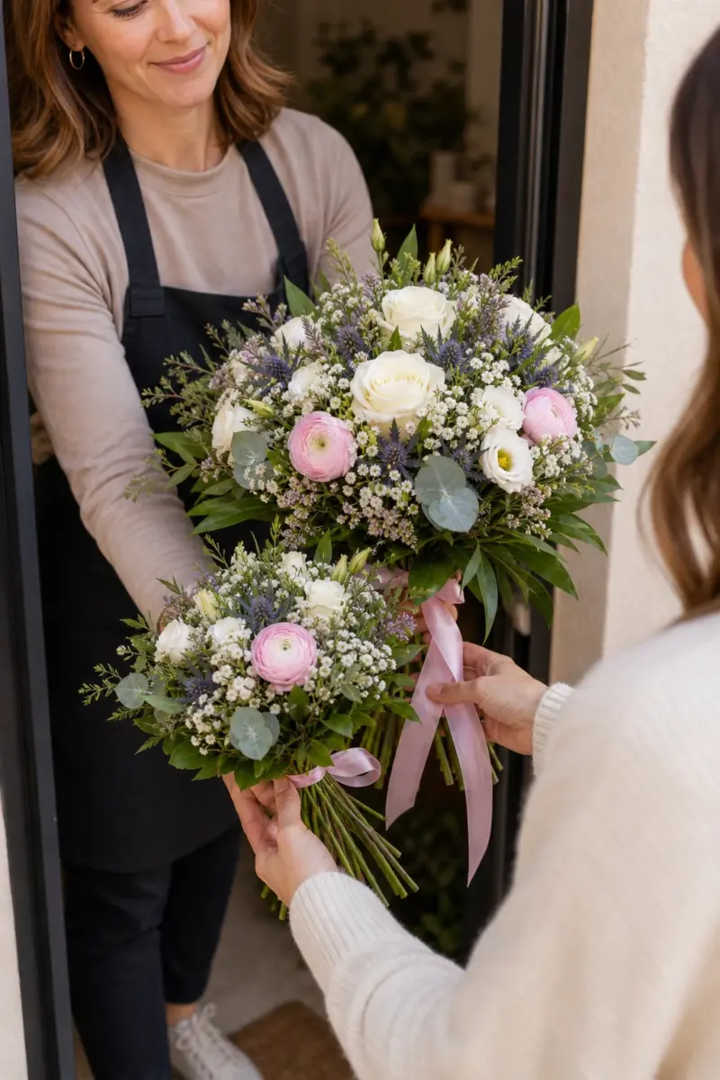 Mutter Kind Strauss fuer ein Maedchen wird als zwei Straeusse mit sichtbaren Stielen an der Haustuer uebergeben - Blumenstrauß von Blumen Mankopf in Hagen