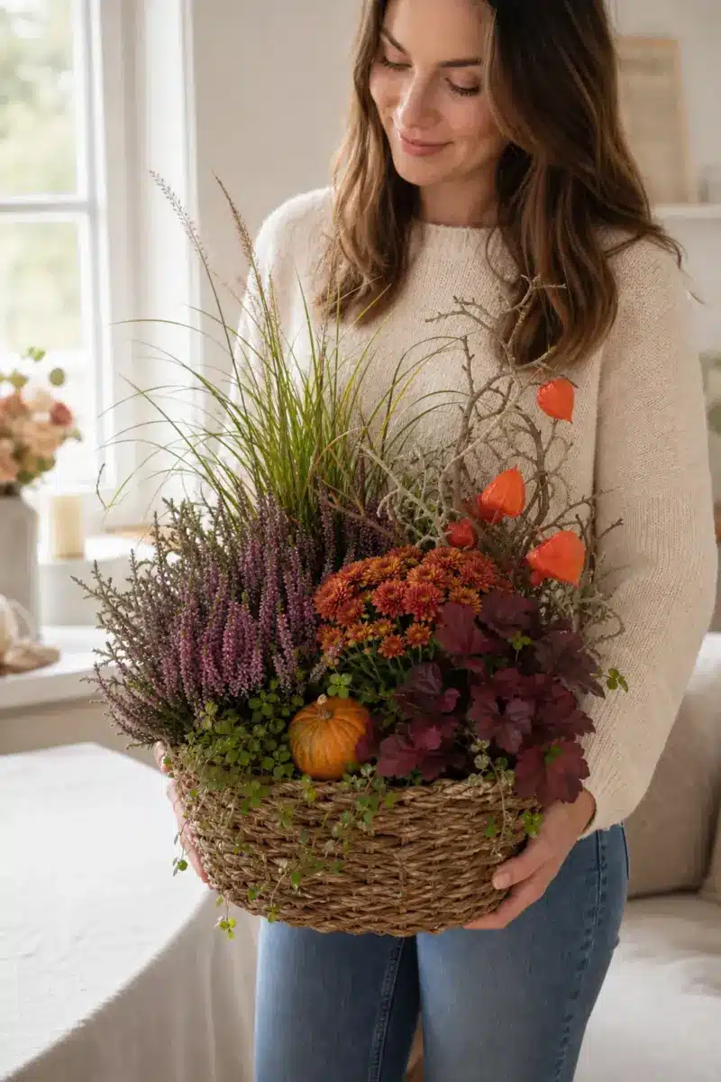 Empfaengerin haelt Pflanzmich als herbstlich bepflanzten Weidenkorb mit Carexgras Erika Chrysantheme Heuchera Muehlenbeckia Physalis Kuerbis und Bonsaigeaest zuhause - Blumenstrauß von Blumen Mankopf in Hagen