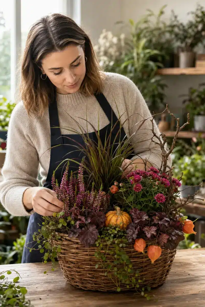Floristin bereitet Pflanzmich als herbstlich bepflanzten Weidenkorb mit Carexgras Erika Chrysantheme Heuchera Muehlenbeckia Physalis Kuerbis und Bonsaigeaest vor - Blumenstrauß von Blumen Mankopf in Hagen