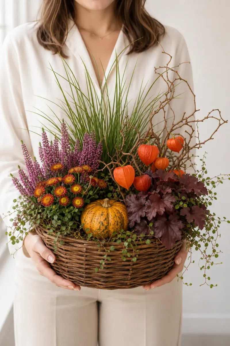 Pflanzmich wird als bepflanzter Weidenkorb mit Herbstpflanzen Kuerbis Physalis und Bonsaigeaest direkt in den Haenden getragen - Blumenstrauß von Blumen Mankopf in Hagen