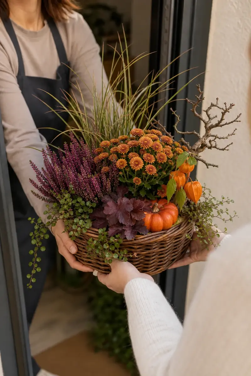 Pflanzmich wird an der Haustuer als bepflanzter Weidenkorb direkt an die Empfaengerin uebergeben - Blumenstrauß von Blumen Mankopf in Hagen
