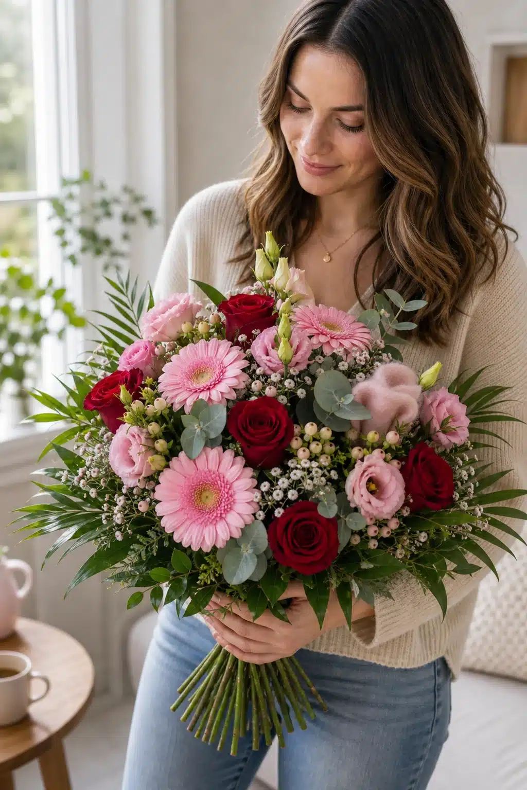 Pink Angel 8 Empfaengerin haelt Pink Angel mit rosa Gerbera und roten Rosen zuhause