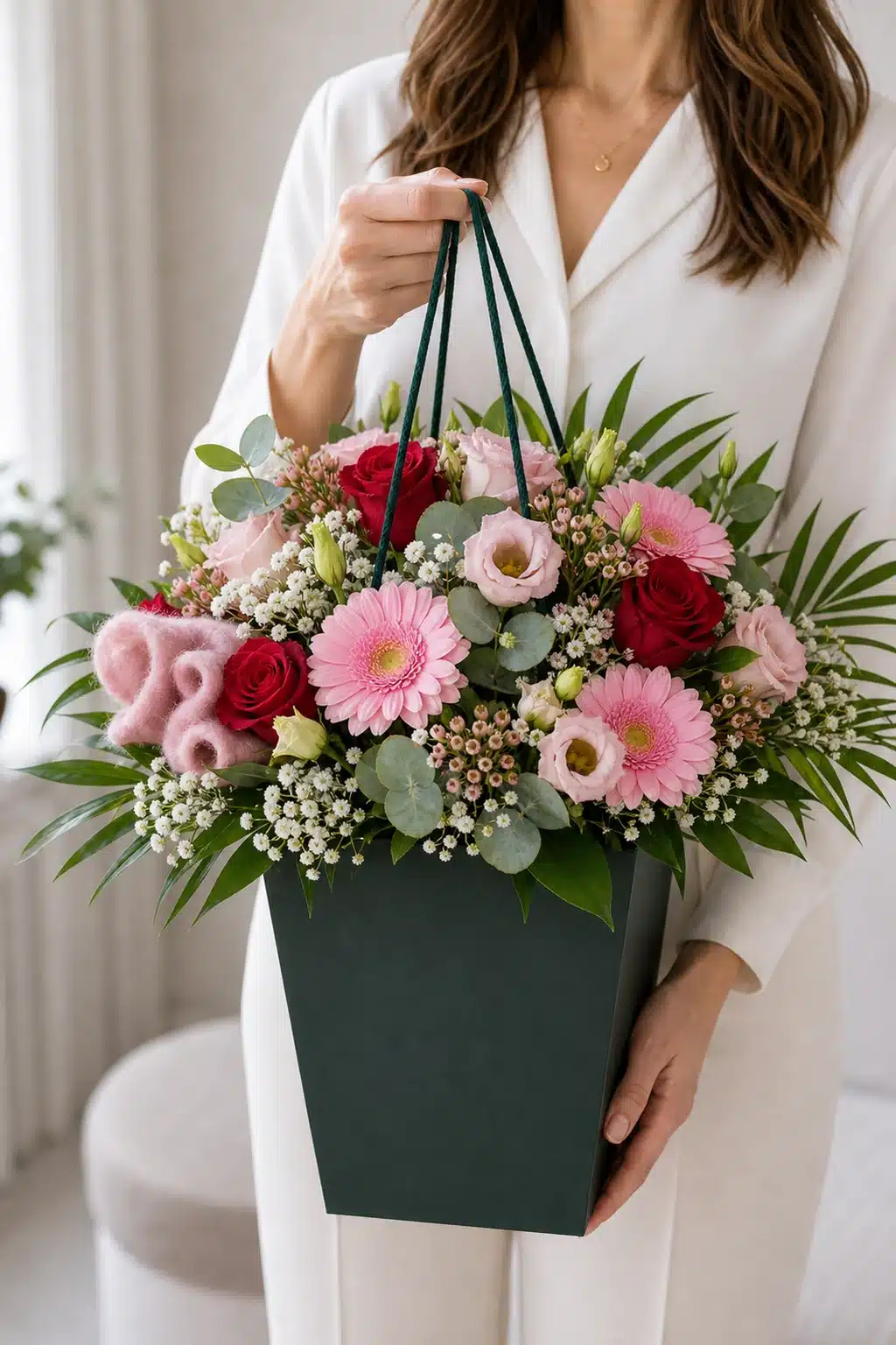 Pink Angel 6 Pink Angel mit rosa Gerbera roten Rosen und rosa Deko im dunkelgruenen Flowerbag