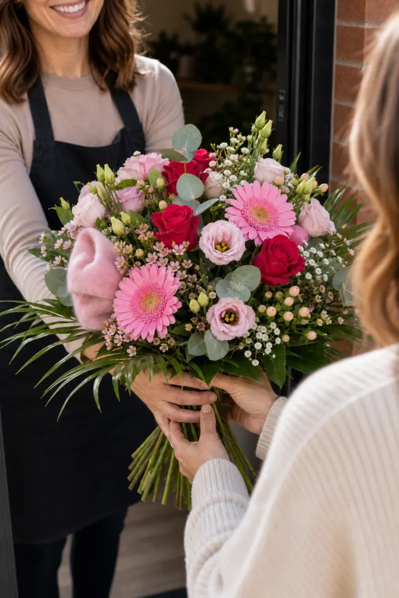 Pink Angel wird an der Haustuer direkt mit sichtbaren Stielen uebergeben