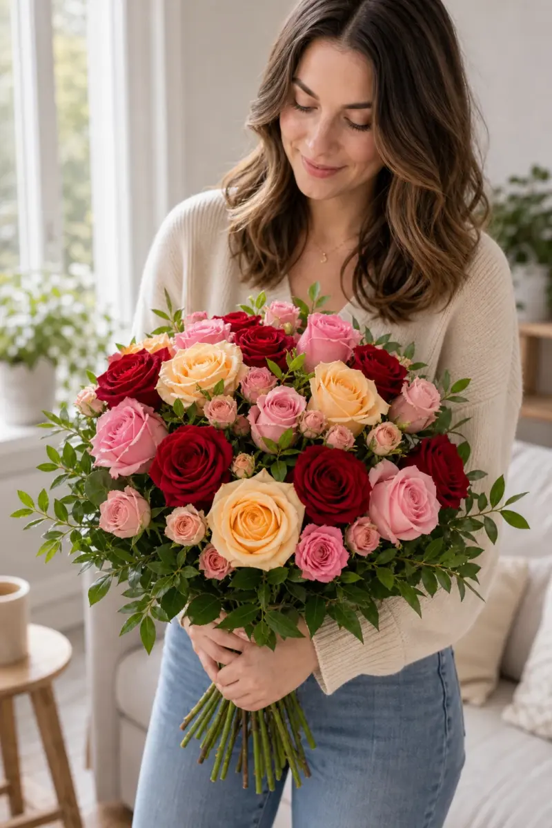 Empfaengerin haelt Rosenduft mit roten gelben und rosa Rosen zuhause - Blumenstrauß von Blumen Mankopf in Hagen
