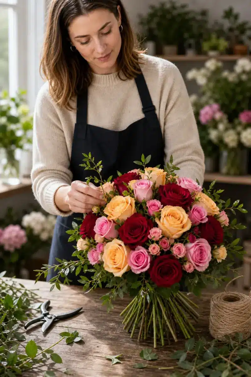 Floristin bereitet Rosenduft mit roten gelben und rosa Rosen vor - Blumenstrauß von Blumen Mankopf in Hagen