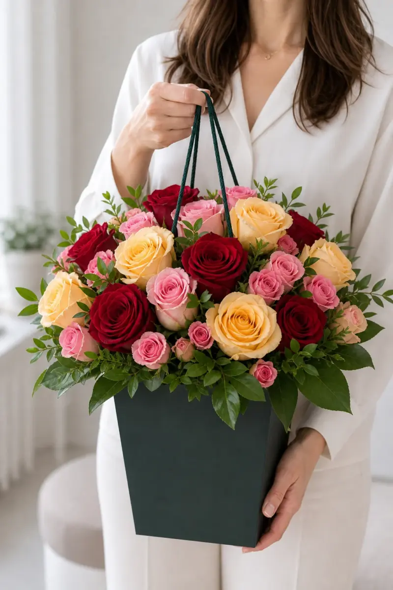 Rosenduft mit roten gelben und rosa Rosen im dunkelgruenen Flowerbag - Blumenstrauß von Blumen Mankopf in Hagen