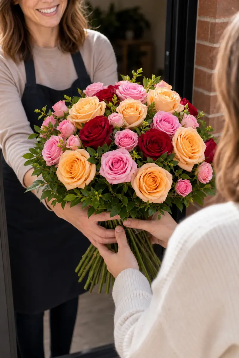 Rosenduft wird an der Haustuer direkt mit sichtbaren Stielen uebergeben - Blumenstrauß von Blumen Mankopf in Hagen