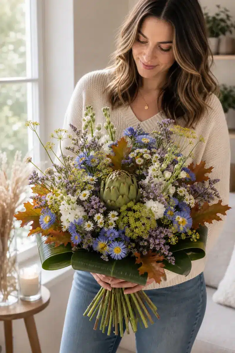 Empfaengerin haelt Rustikale Eleganz mit zentraler Artischocke Astern Limonium Kamille Levkojen Dill gefaerbtem Eichenlaub und Rhapsis Blaettern zuhause - Blumenstrauß von Blumen Mankopf in Hagen