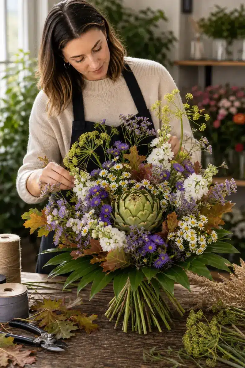 Floristin bereitet Rustikale Eleganz mit zentraler Artischocke Astern Limonium Kamille Levkojen Dill gefaerbtem Eichenlaub und Rhapsis Blaettern vor - Blumenstrauß von Blumen Mankopf in Hagen