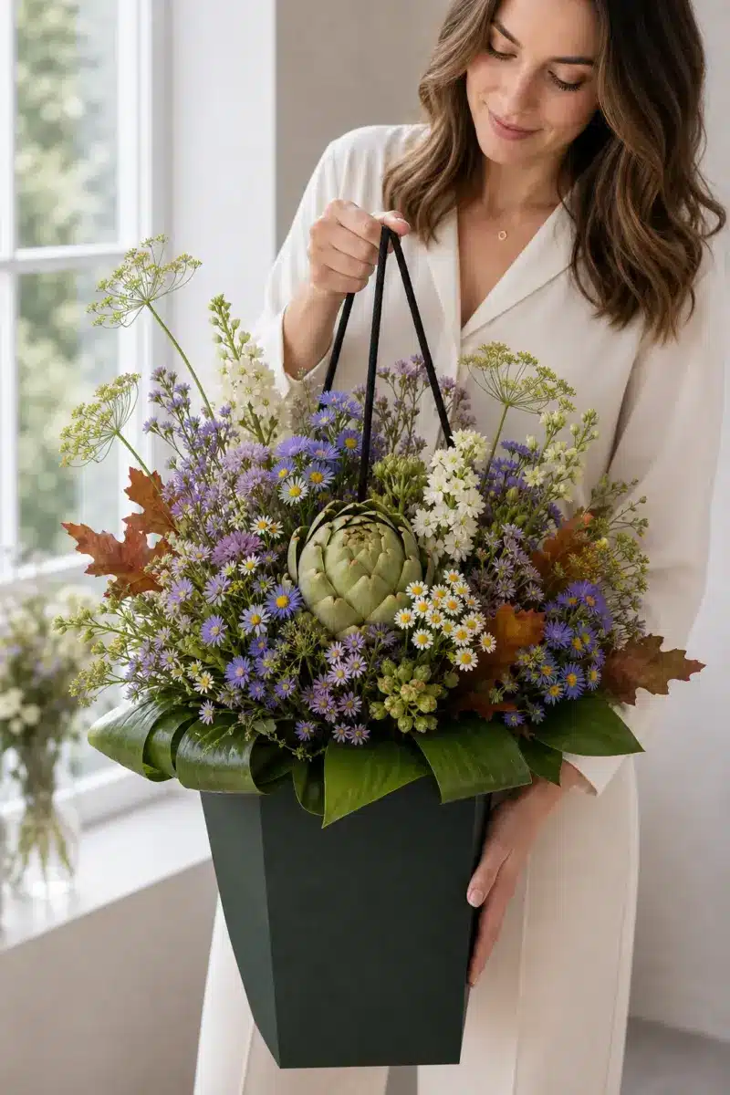 Rustikale Eleganz mit zentraler Artischocke Astern Limonium Kamille Levkojen Dill gefaerbtem Eichenlaub und Rhapsis Blaettern im dunkelgruenen Flowerbag - Blumenstrauß von Blumen Mankopf in Hagen