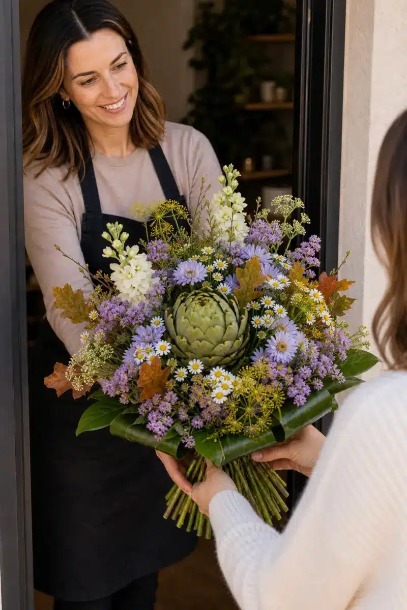 Rustikale Eleganz wird an der Haustuer direkt mit sichtbaren Stielen zentraler Artischocke und gefaerbtem Eichenlaub uebergeben - Blumenstrauß von Blumen Mankopf in Hagen