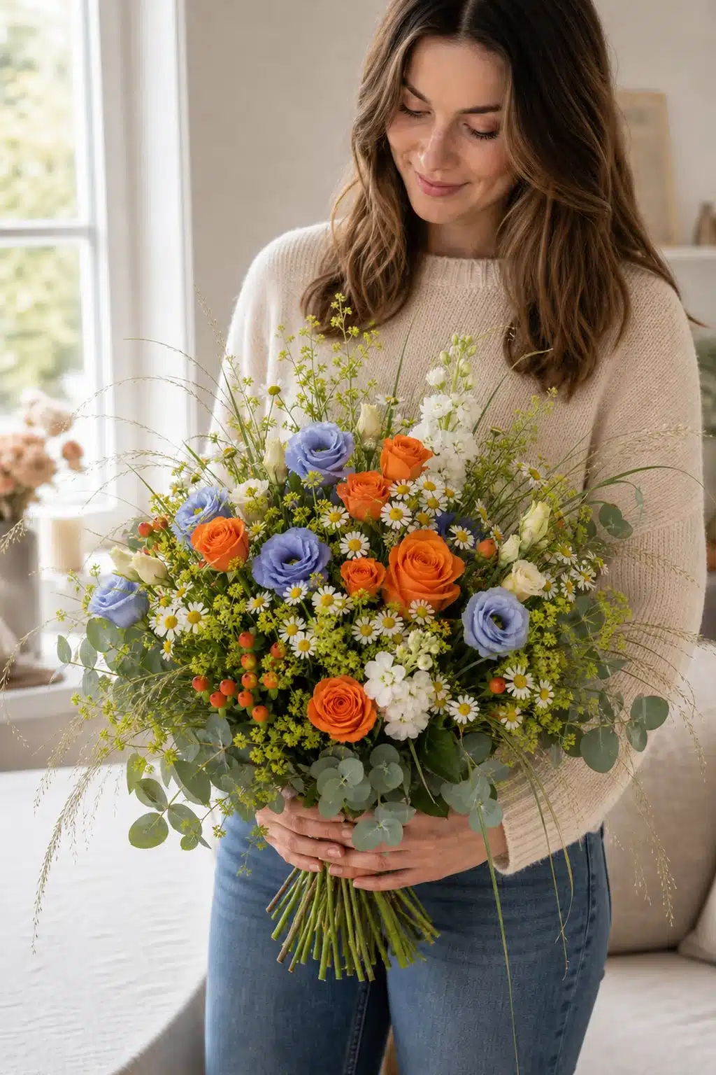 Sommertanz 8 Empfaengerin haelt Sommertanz als sommerlichen Strauss mit orangefarbenen Rosen blauer Eustoma Kamille Alchemilla Hypericum weissen Levkojen Eukalyptus und Beargras zuhause