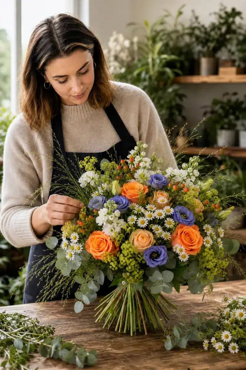 Floristin bereitet Sommertanz als sommerlichen Strauss mit orangefarbenen Rosen blauer Eustoma Kamille Alchemilla Hypericum weissen Levkojen Eukalyptus und Beargras vor