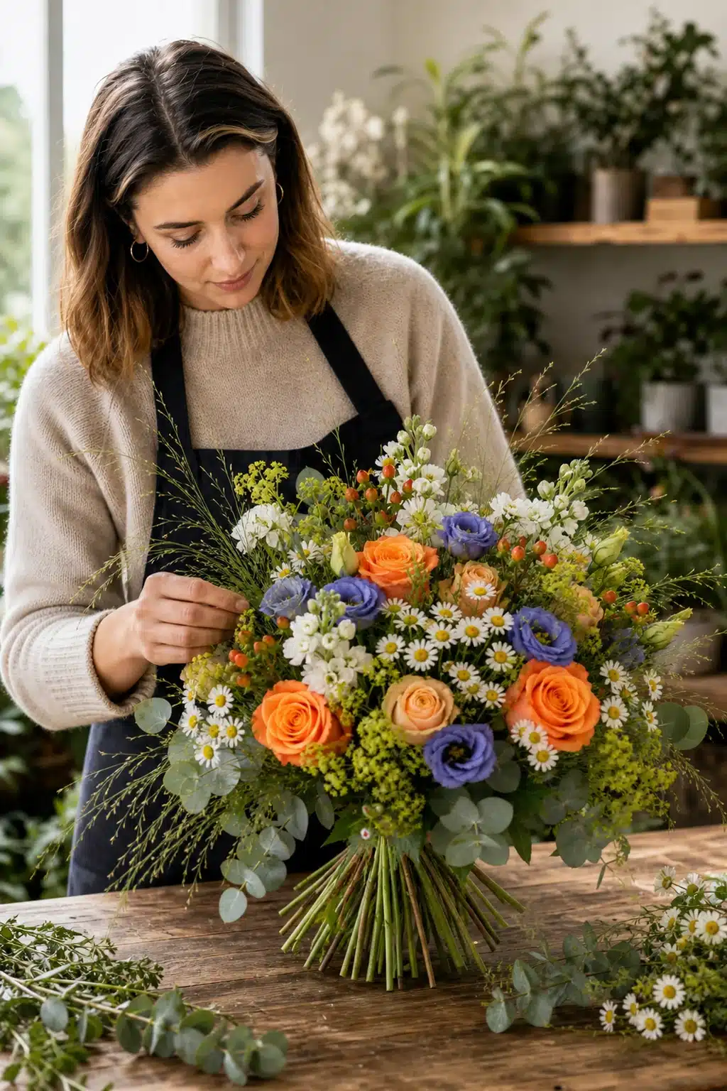 Sommertanz 5 Floristin bereitet Sommertanz als sommerlichen Strauss mit orangefarbenen Rosen blauer Eustoma Kamille Alchemilla Hypericum weissen Levkojen Eukalyptus und Beargras vor