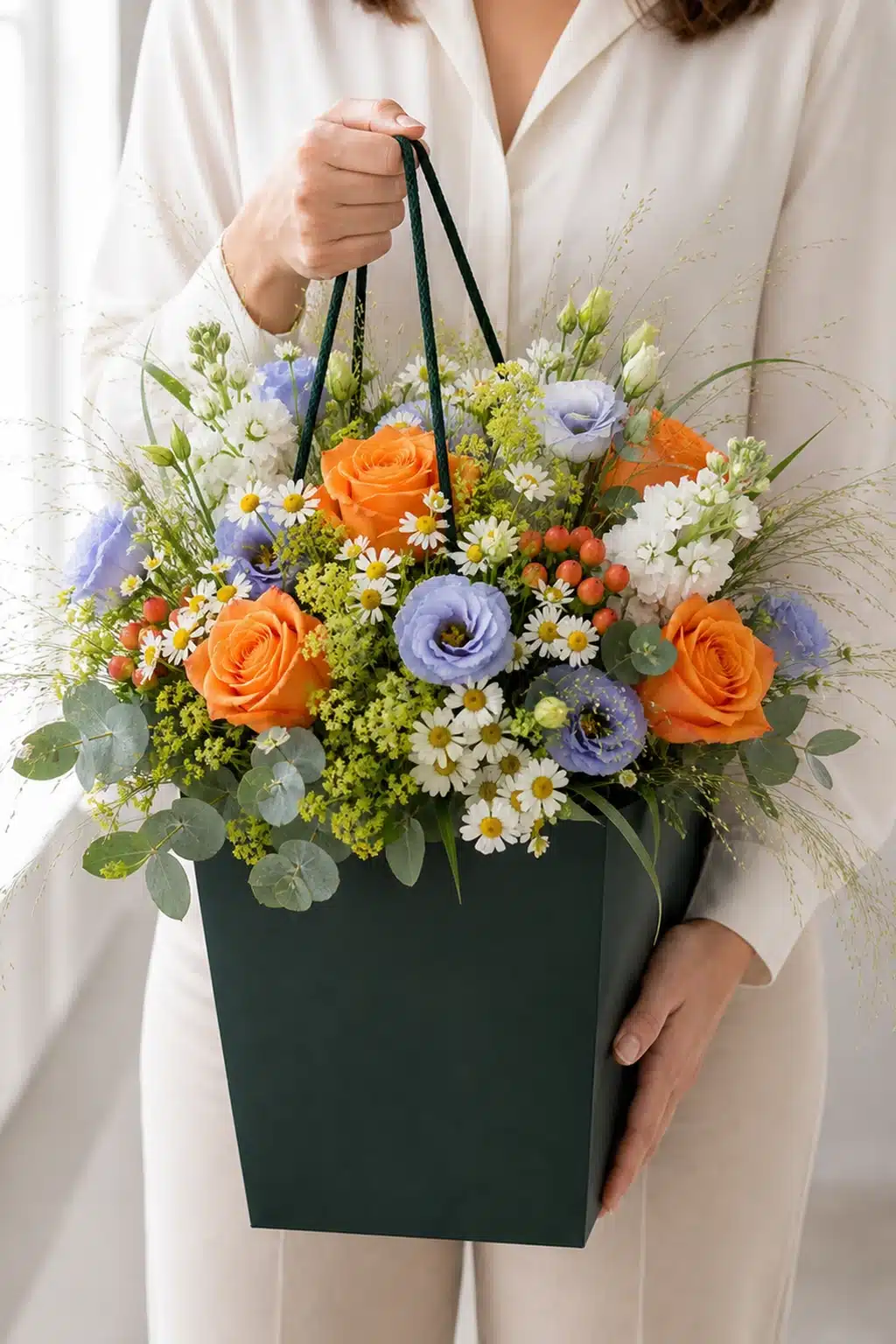 Sommertanz 6 Sommertanz mit orangefarbenen Rosen blauer Eustoma Kamille Alchemilla Hypericum weissen Levkojen Eukalyptus und Beargras im dunkelgruenen Flowerbag