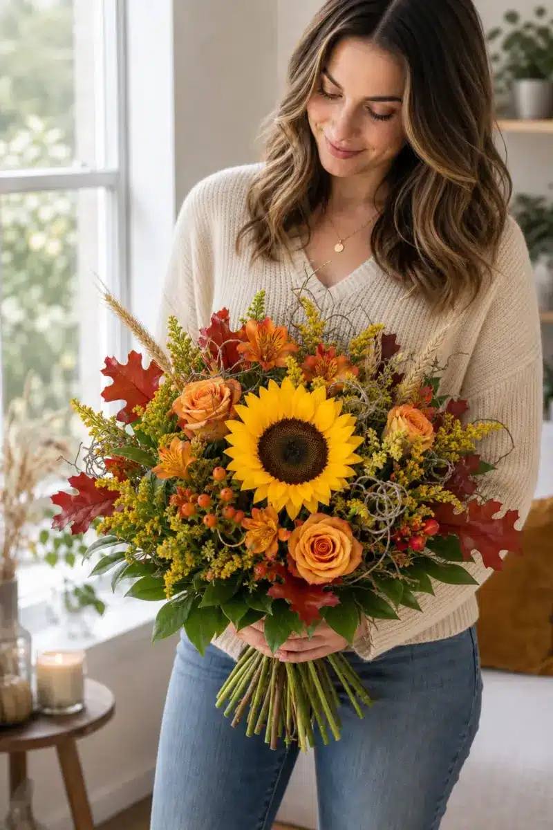 Empfaengerin haelt Sonnentanz mit zentraler Sonnenblume Solidaster Hypericum Alstromeria Rosen Getreide Stacheldraht rotem Eichenlaub Chico und Salal zuhause - Blumenstrauß von Blumen Mankopf in Hagen