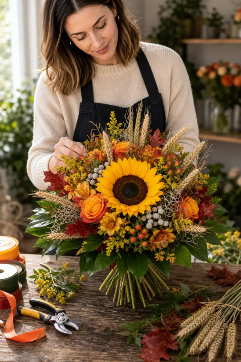 Floristin bereitet Sonnentanz mit zentraler Sonnenblume Solidaster Hypericum Alstromeria Rosen Getreide Stacheldraht rotem Eichenlaub Chico und Salal vor - Blumenstrauß von Blumen Mankopf in Hagen