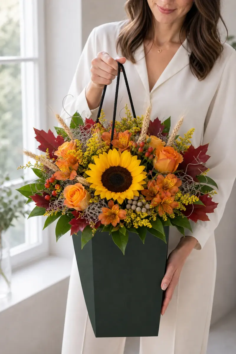 Sonnentanz mit zentraler Sonnenblume Solidaster Hypericum Alstromeria Rosen Getreide Stacheldraht rotem Eichenlaub Chico und Salal im dunkelgruenen Flowerbag - Blumenstrauß von Blumen Mankopf in Hagen