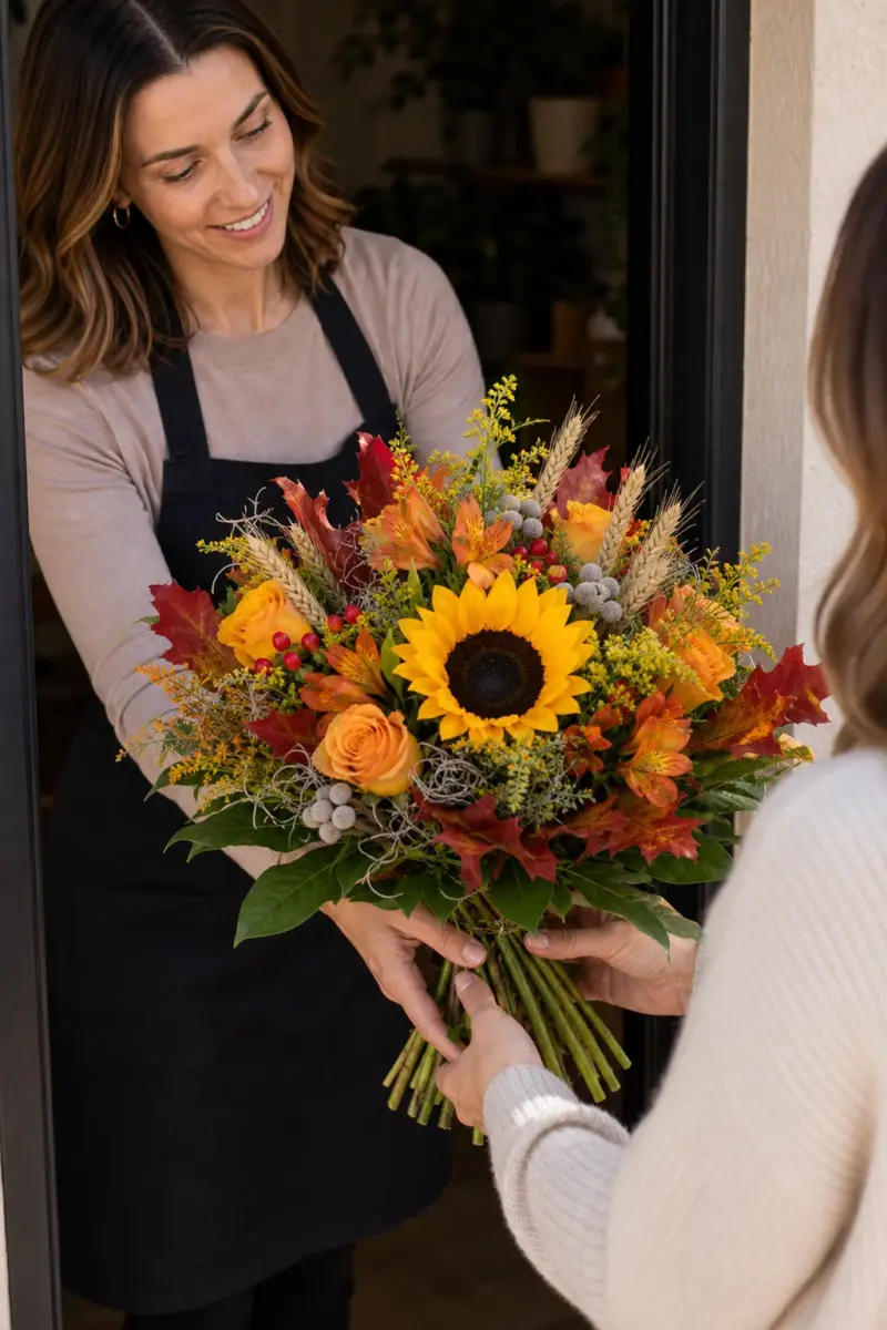 Sonnentanz wird an der Haustuer direkt mit sichtbaren Stielen zentraler Sonnenblume Getreide und rotem Eichenlaub uebergeben - Blumenstrauß von Blumen Mankopf in Hagen