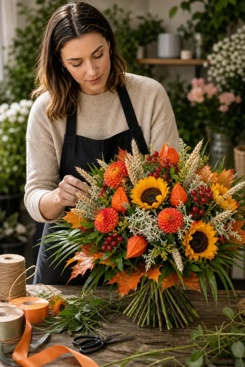 Floristin bindet den herbstlichen Strauß Sonnenuntergang mit Sonnenblumen Physalis Ähren roten Beeren und orangefarbenem Laub - Blumenstrauß von Blumen Mankopf in Hagen