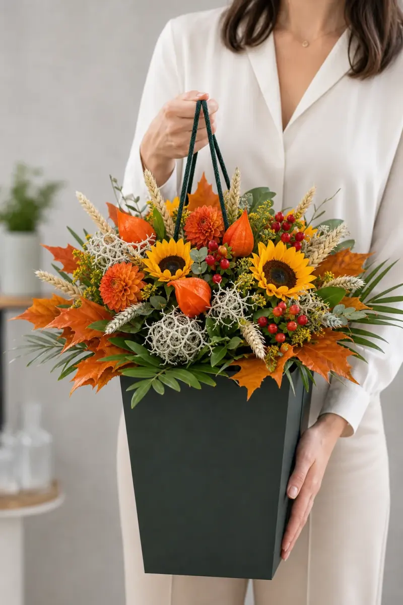 Der Strauß Sonnenuntergang steht im dunklen FlowerBag mit Sonnenblumen Physalis Ähren roten Beeren und Herbstlaub - Blumenstrauß von Blumen Mankopf in Hagen