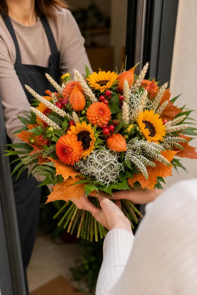 Der herbstliche Strauß Sonnenuntergang wird persönlich an der Haustür übergeben - Blumenstrauß von Blumen Mankopf in Hagen