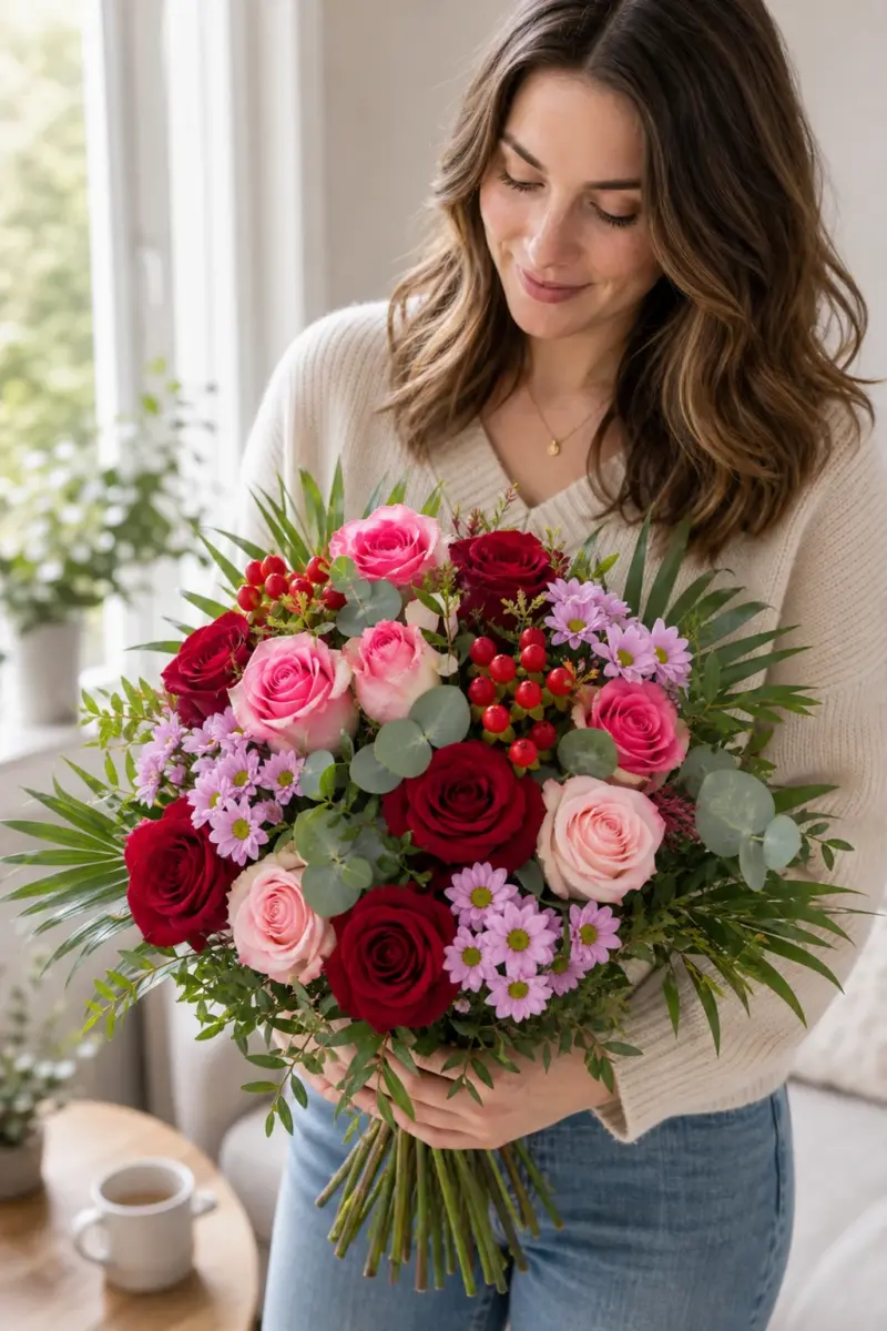 Empfaengerin haelt Sweet Dreams mit roten Rosen rosa Blueten und Beeren zuhause